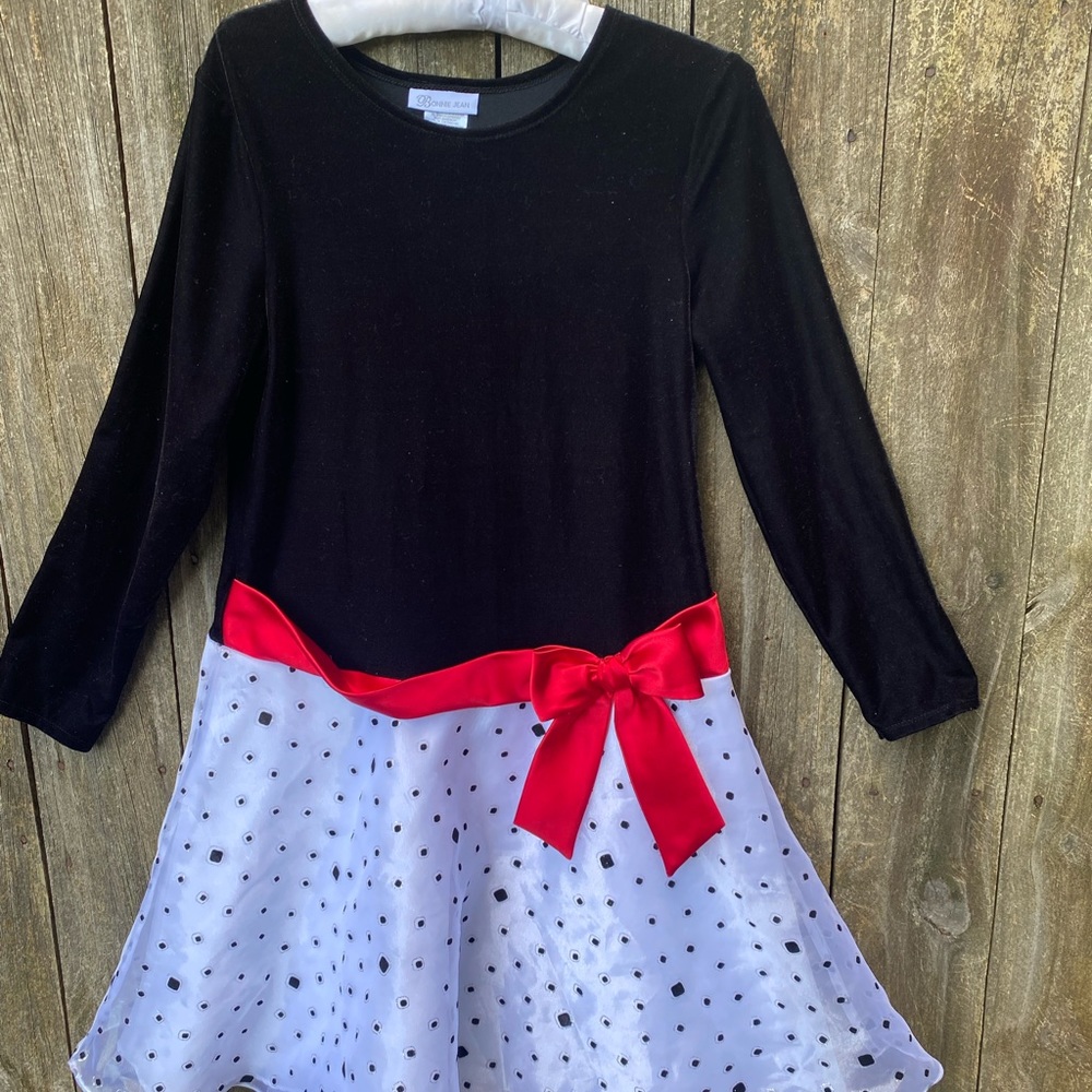 Bonnie Jean girls’  16 1/2 dress, black velour top, red satin sash, polka dots
